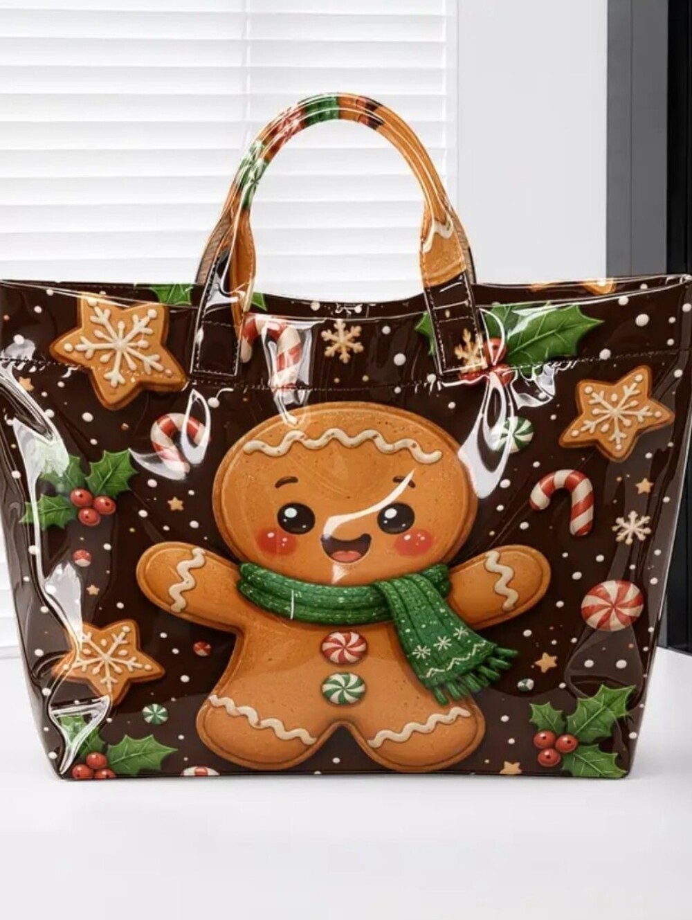 Gingerbread Man Large Print PVC Daily Commute Holiday Tote Bag